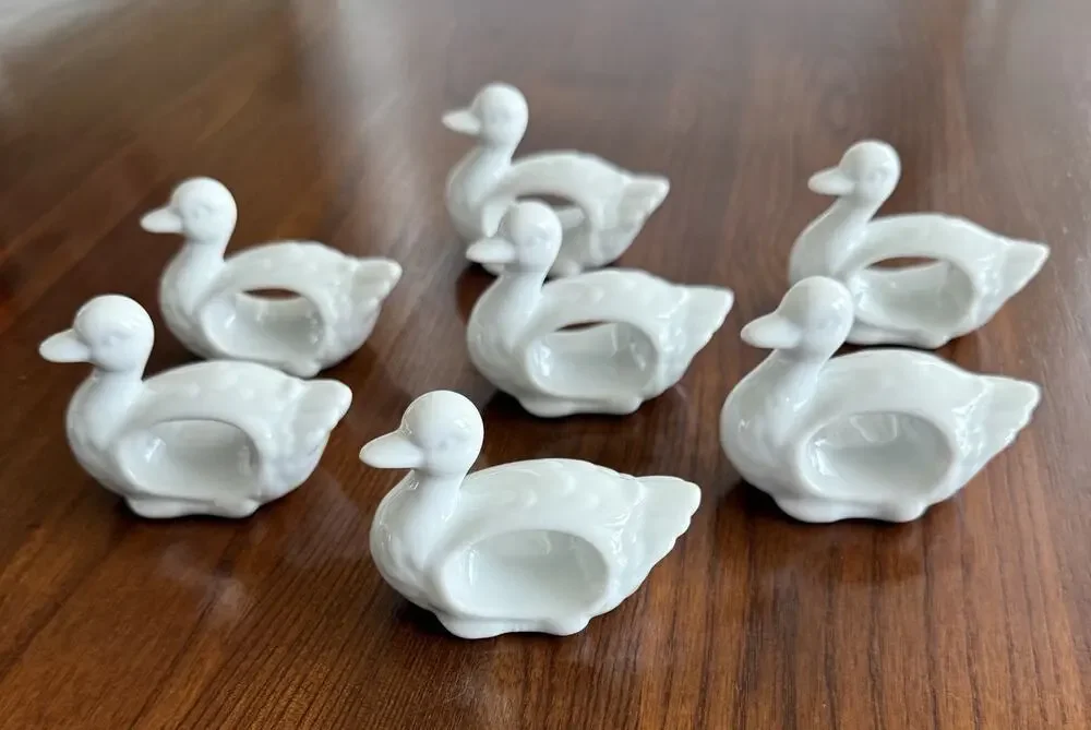 Set of 7 Vintage White Porcelain Napkin Rings Duck Shape Made in Japan